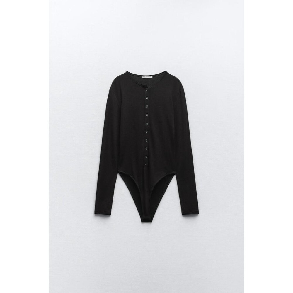 Zara Black Semi Sheer Long Sleeve Bodysuit With Button Front